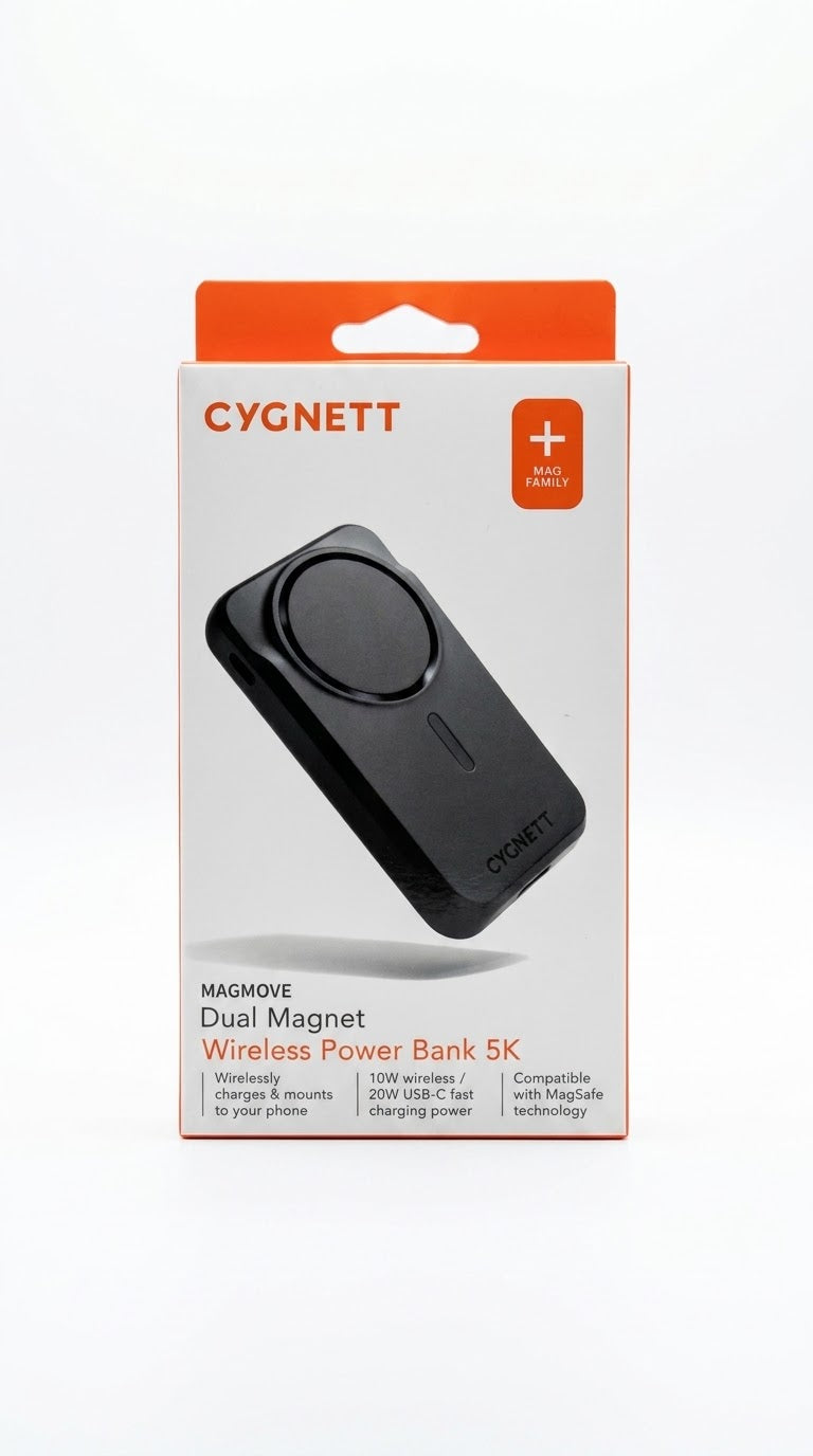 Cygnett MAGMOVE Dual Magnet 10W Wirelessly / 20W USB-C fast charging power 5K mAH Magnetic Wireless Power Bank Black